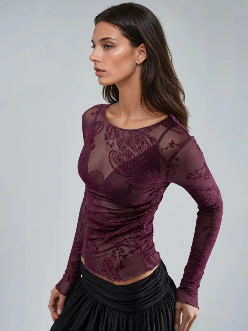 بوسيم BUSEM Fitted Long Sleeve Flock Print Tulle Blouse